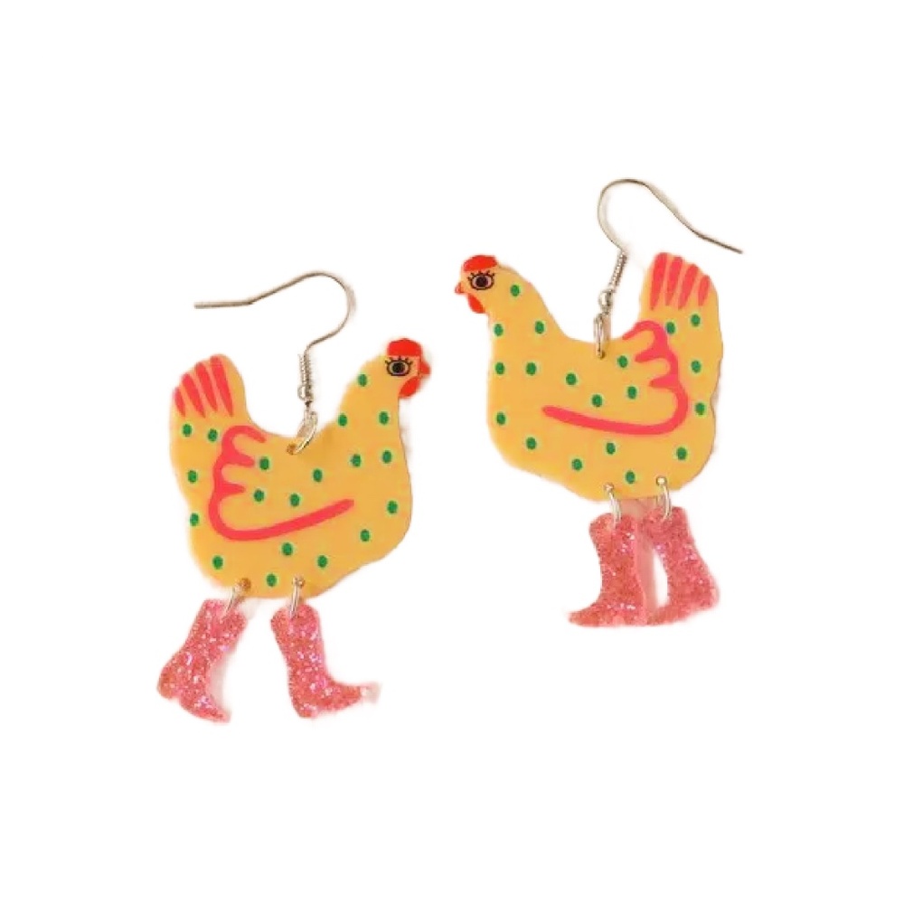 Acrylic Yellow Funny Hen Bird Earrings High Heeled Glitter Boots Dangle Chicken